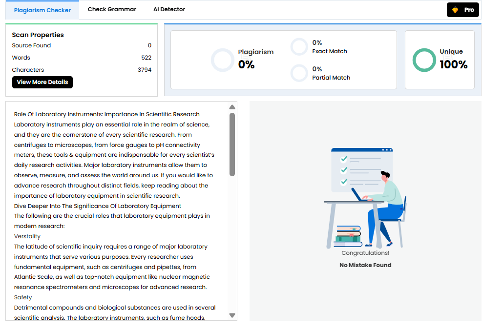 Plagiarism checker dashboard showing 0% plagiarism and 100% unique, with left scan properties and a right illustration saying 'No Mistake Found'